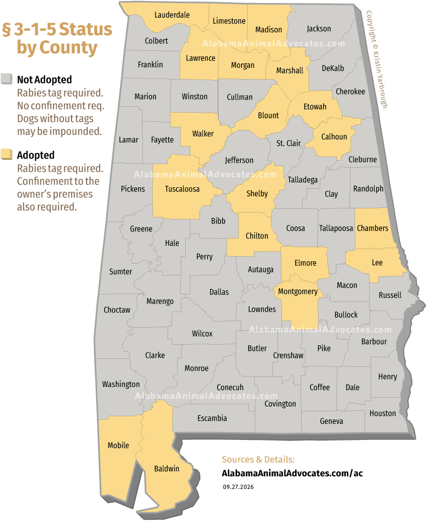 Does your county require that dogs be kept on the owner's property? Find out with this map of Alabama Code §&nbsp;3-1-5 adoption by county.