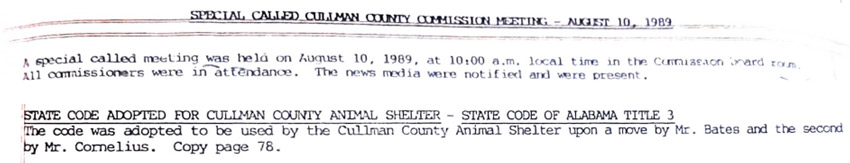 Cullman County 1989 Minutes re Alabama Title 3 Animals