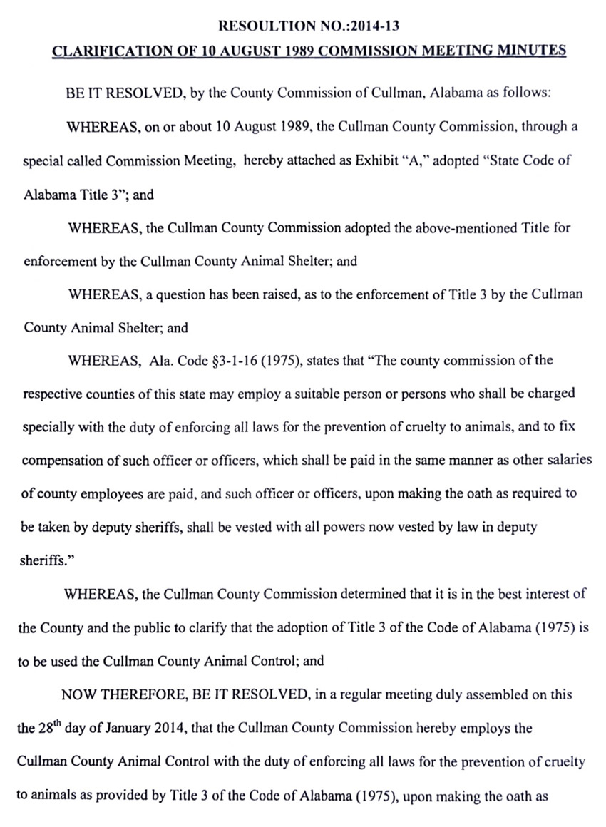 Cullman County 2014 Resolution re Alabama Title 3 Animals