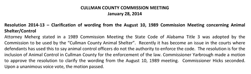 Cullman County 2014 Minutes re Alabama Title 3 Animals