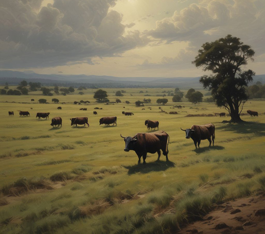 An expansive pasture with cattle grazing.