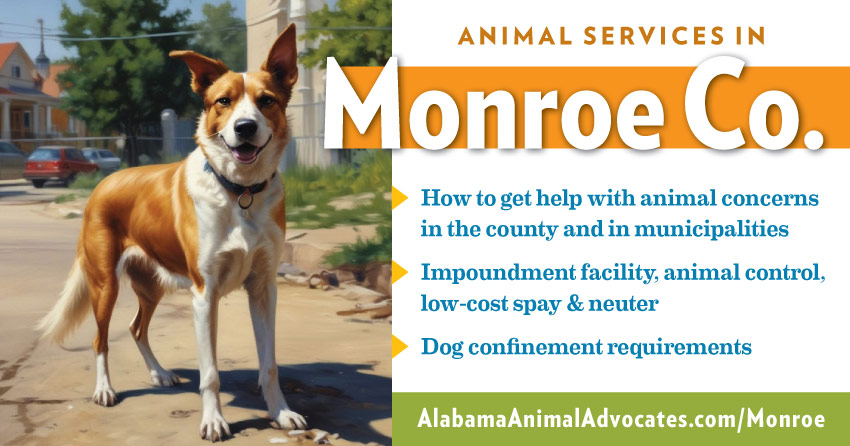 Animal services in Monroe County, Alabama: How to get help with animal concerns, impoundment facility, animal control, low-cost spay & neuter, dog confinement requirements.