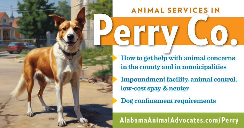 Animal services in Perry County, Alabama: How to get help with animal concerns, impoundment facility, animal control, low-cost spay & neuter, dog confinement requirements.