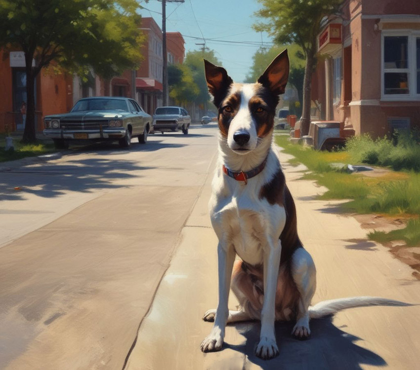 Dog standing on a street.
