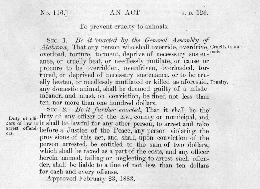 Alabama's earliest animal cruelty statute, from 1883