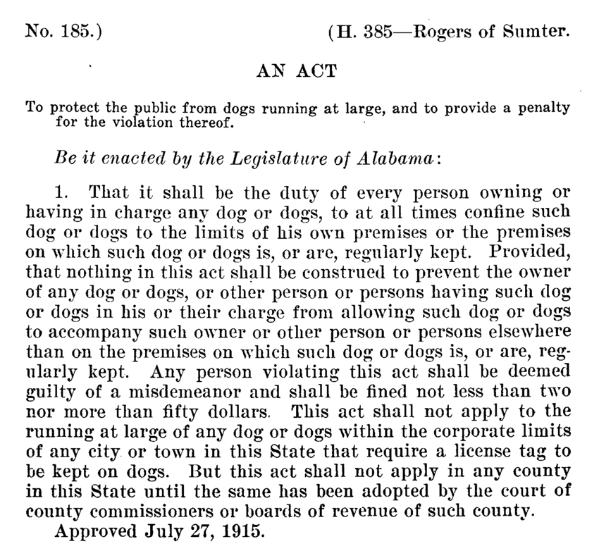 Original text of Alabama's 1915 dogs running at large statute