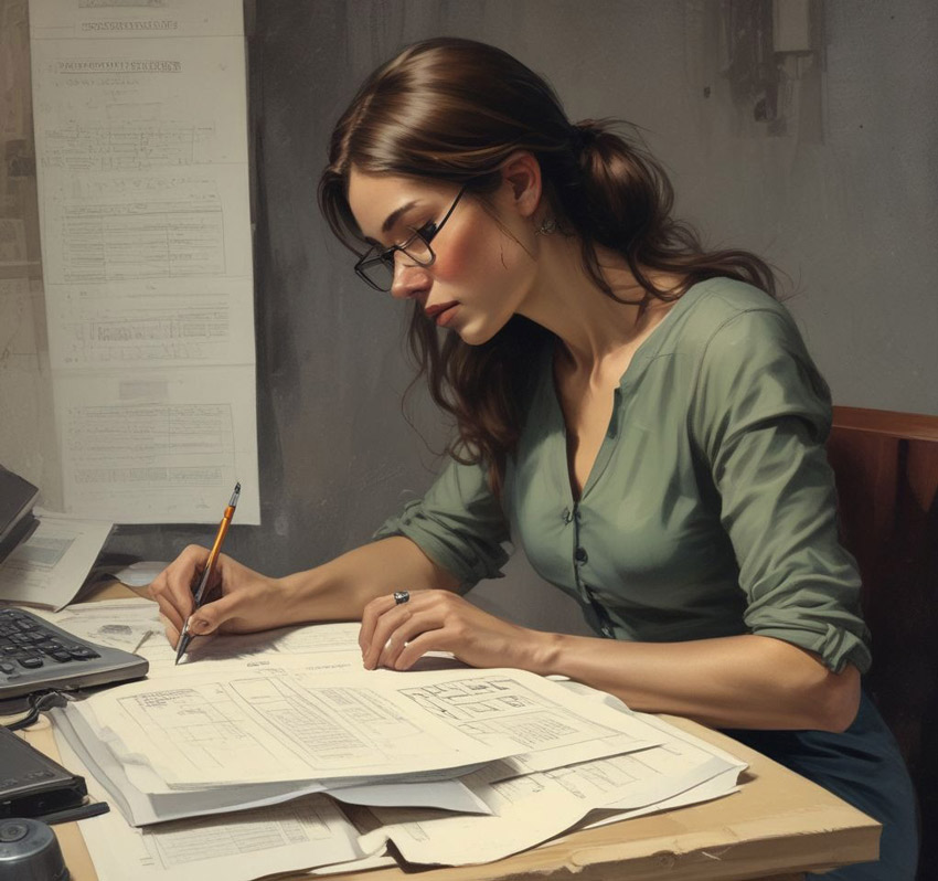 Imagine of woman sitting at a desk examining data.
